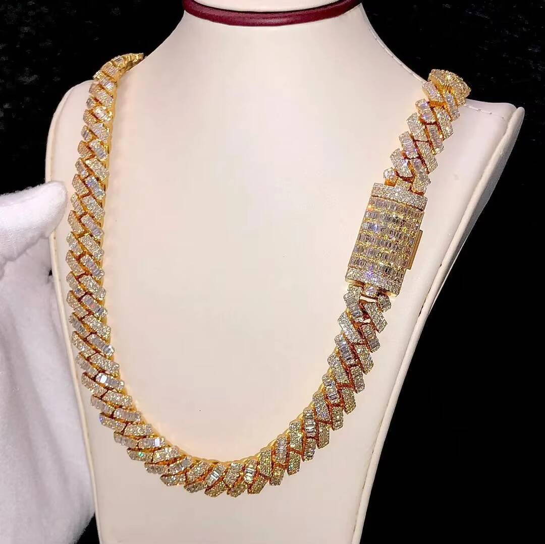 14mm Real Baguette VVS1 Moissanite Diamond Cuban Link Hip Hop Chain Bustdown Cuban Necklace Rapper Miami Cuban Chain