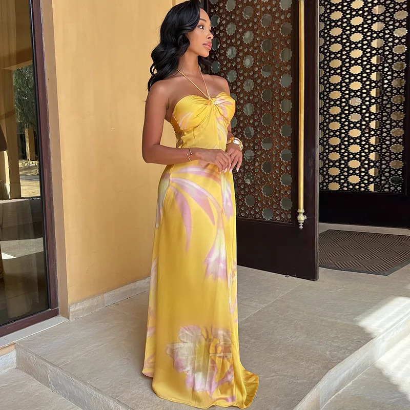 Womens Floral Print Sexy Halterneck Strappy Strapless Backless Slim Long Dress Summer Holiday Beach Loose Evening Vestidos 260306