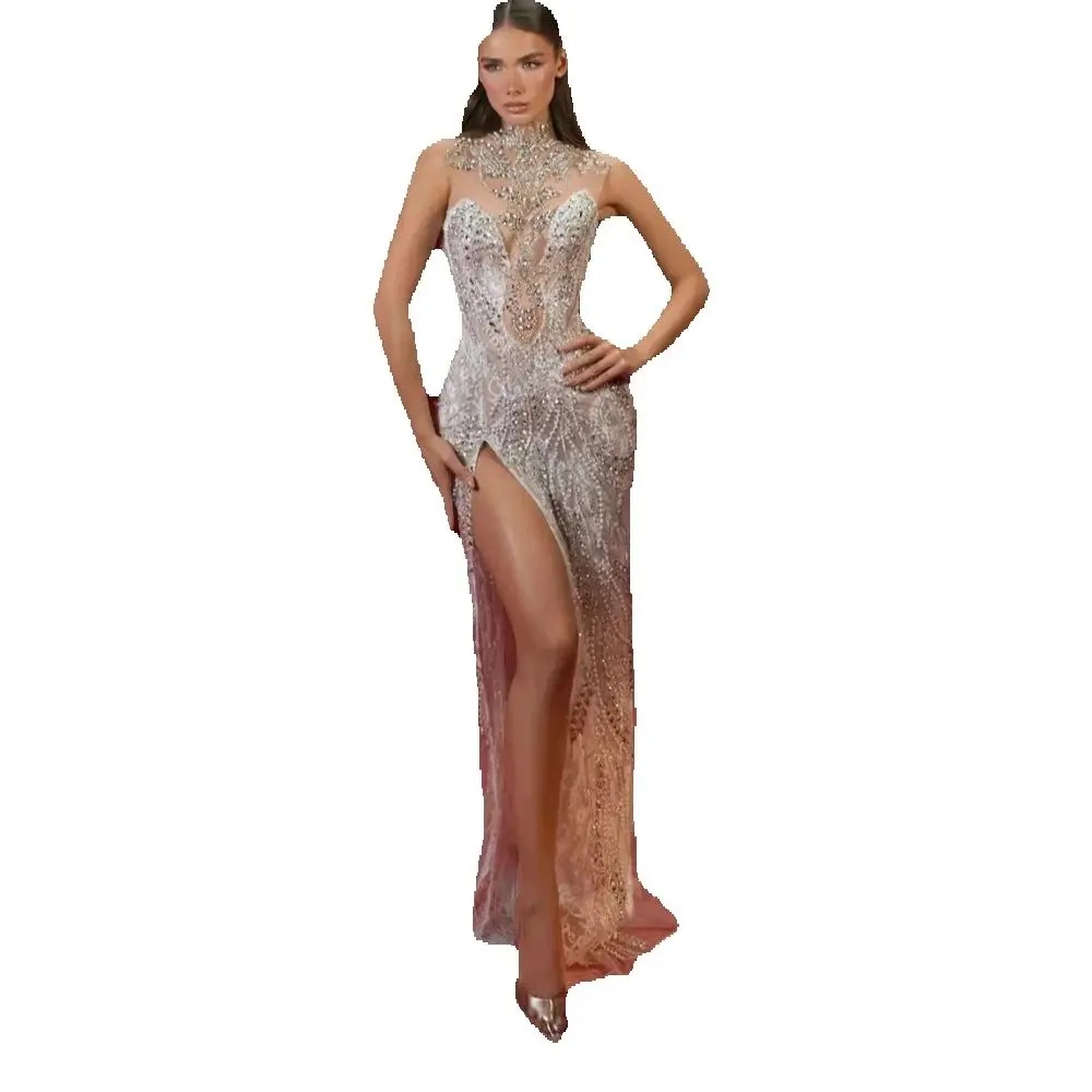 Fashion High Neck Sheath Wedding Dress Crystal Sequined Lace Bridal Dress High Side Slit Customized vestidos de novia