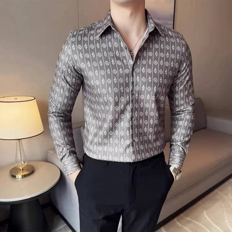 Suede Autumn and Winter Thick Men's Long Sleeved Fashionable Casual Luxury Retro Printed Slim Fit Shirt 4XL-M