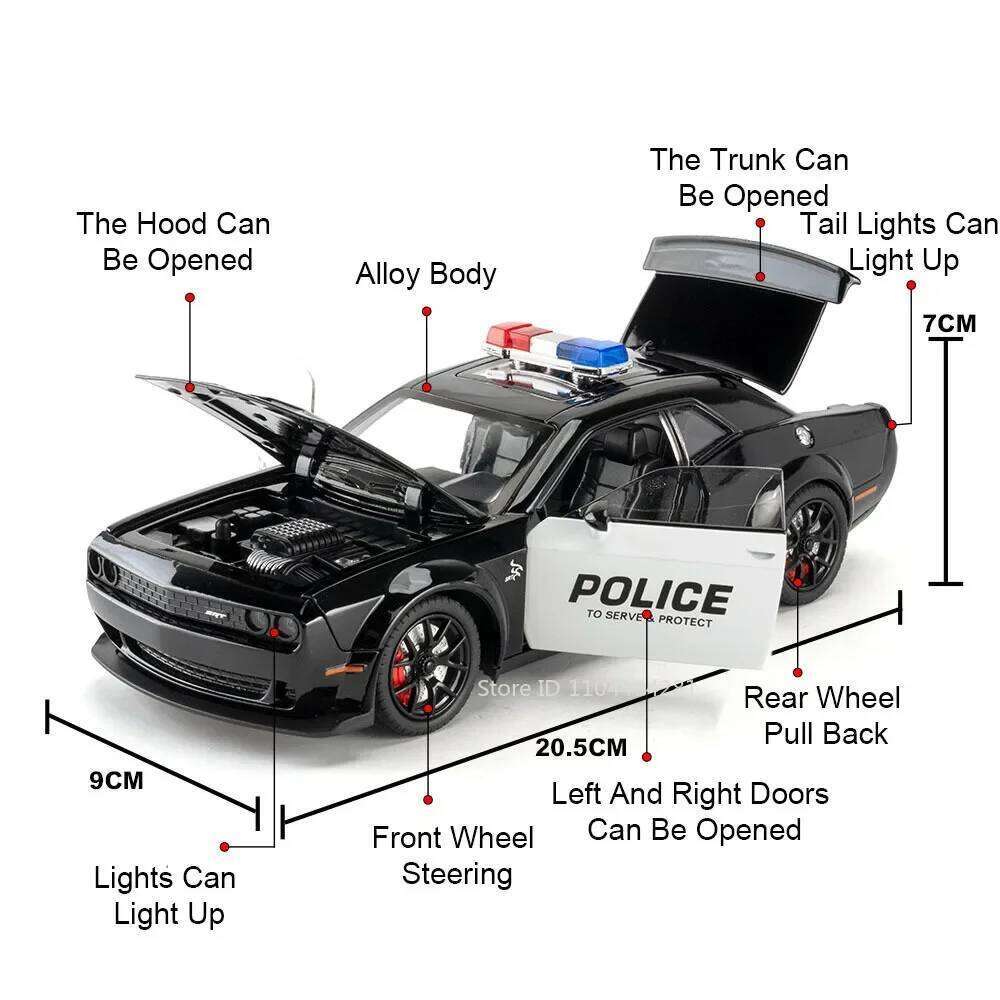 1:24 Challenger SRT Hellcat Alloy Police Car Diecast Model Toys Front Wheel Steering Sound Light Pull Back Vehices for Kids Gift Z260306
