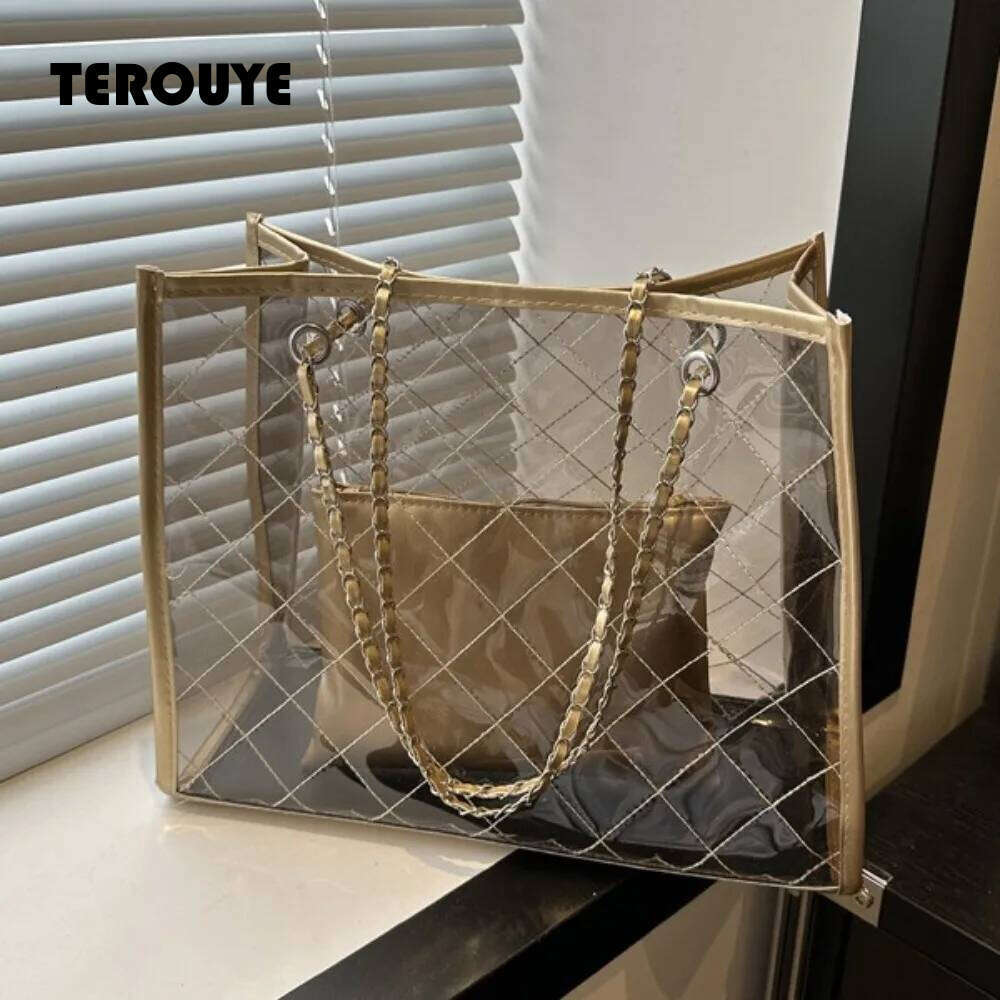 2026 Large Capacity Transparent Shoulder Summer Korean Style Waterproof Composite Storage Underarm Bag Beach Portable Tote TEROUYE