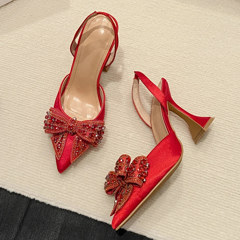 Liyke Fashion Sequined Crystal Bowknot Women Pumps Sexy Pointed Toe Red High Heels Wedding Banquet Shoes Ladies Slingback Sandal 260306
