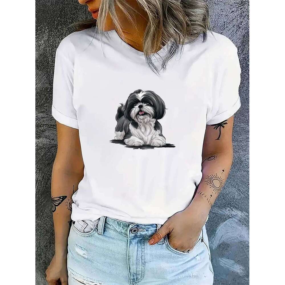 Women's Casual Crew Neck T-shirt, Featuring A Shih Tzu Dog Print, Short Sleeves, and Medium Stretch Fabric.graphic T Shirts Y2K XJ260306 XJ260306