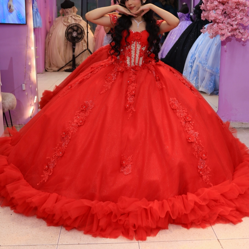 Red Shiny Quinceanera Dresses Ball Gown Off The Shoulder Applique Flower Beading Crystal Tull Corset Party Birthday Sweet 16 Dress Vestidos 15 De Anos