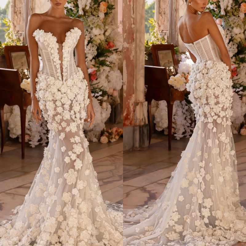 Simple Strapless Sleeveless Mermaid Wedding Dress Elegant Floral Appliques Bridal Gown Floor Length Bride Dresses Customized
