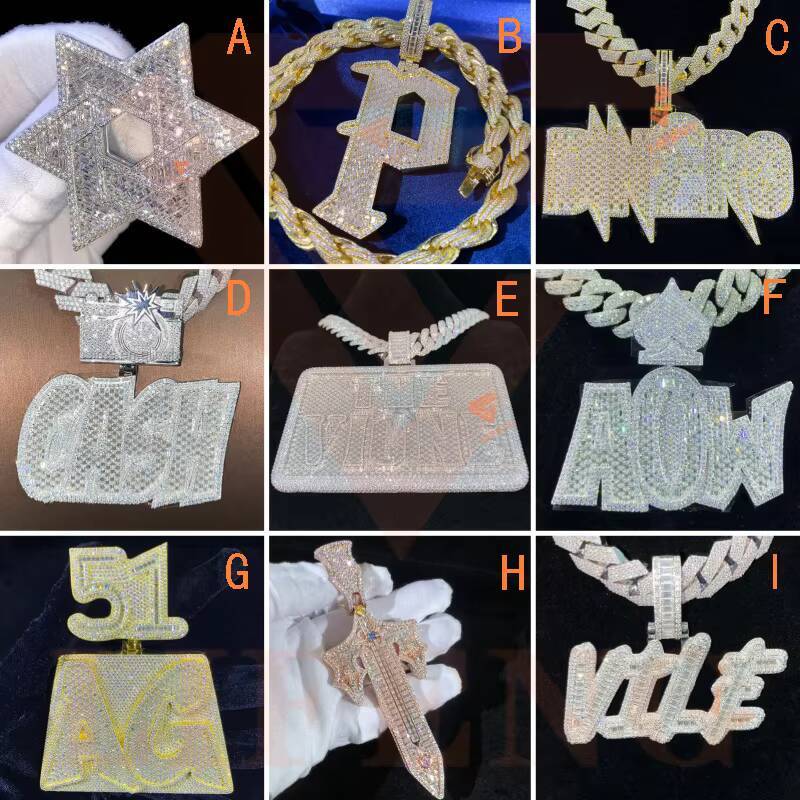 Hip Hop Mossanite Pendant Iced Out Moissanite 925 Silver Initial Letter Name Custom Moissanite Pendant for Men