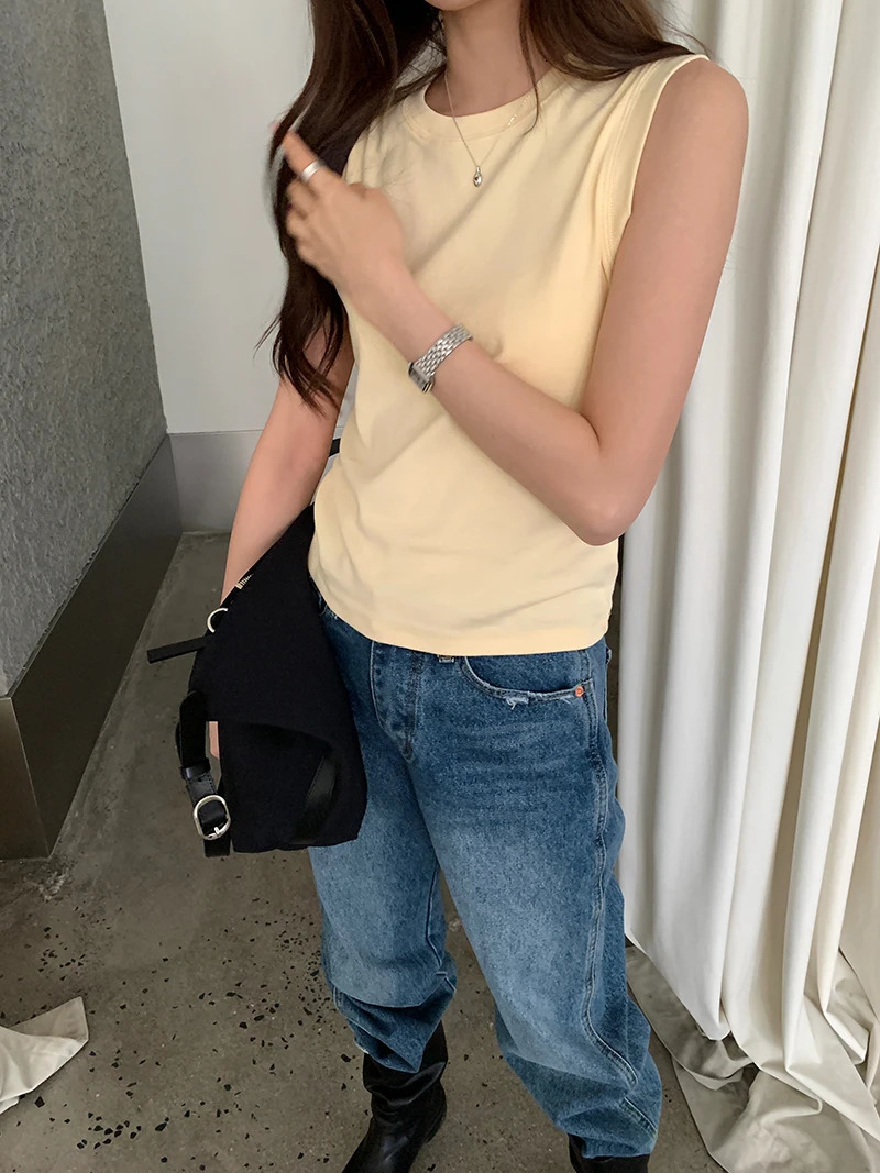 Spring womens casual solid color round neck slim fit vest 260306