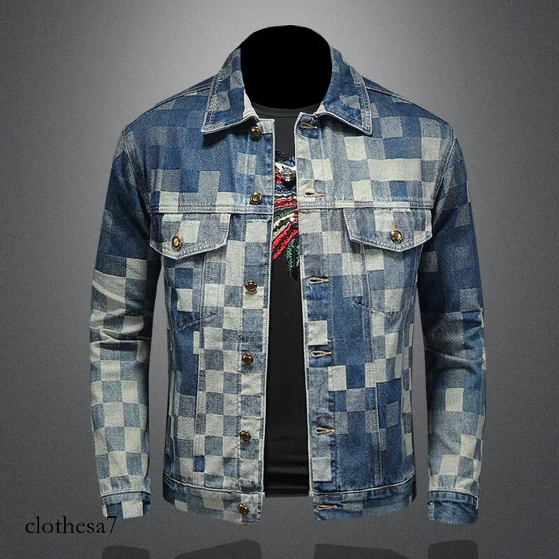2025 Autumn Vintage Checkered Denim for Men Flip Collar Single Breasted Casual Business Jacket Social Street Wear Jeans