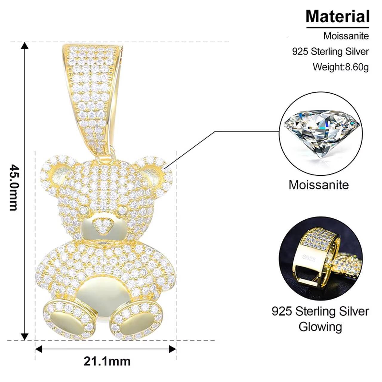 Wholesale 925 Sterling Silver Hip Hop Jewelry VVS Moissanite Iced Teddy Bear Pendant Necklace Cute Pass Diamond Tester