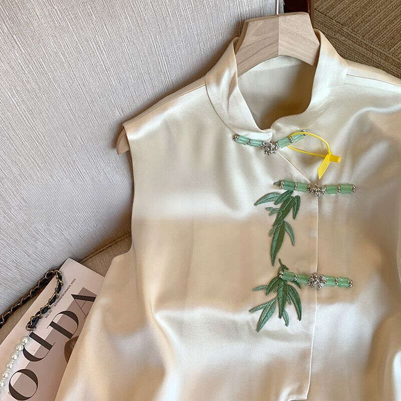 Mardi Hefxessdr New Chinese Style Leaf Heavy Embroidery Jade Bamboo Button Stand Collar Layered National Trend Retro Sleeveless Vest Waistcoat