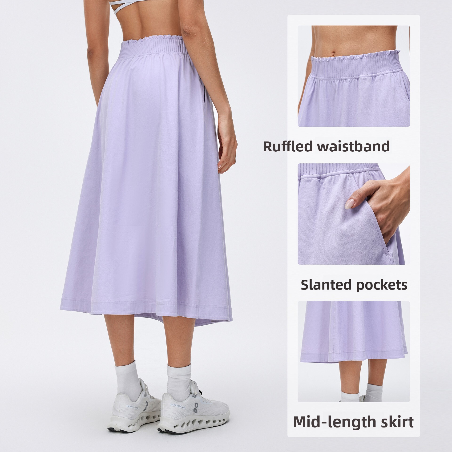 High-waisted A-line with elastic waist, pleated design, slimming mid-length skirt, quick-dry, breathable, casual sports skirt D26042