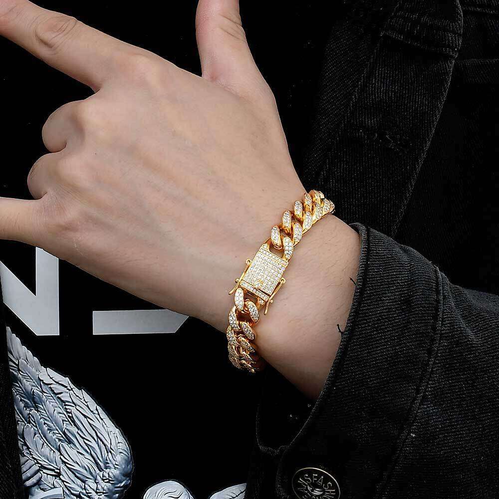 European and American Hip-Hop Zircon Bracelet 12mm Double Full Cuban Chain Real Gold Plated High-Quality Men's Jewelry Row Diamond
