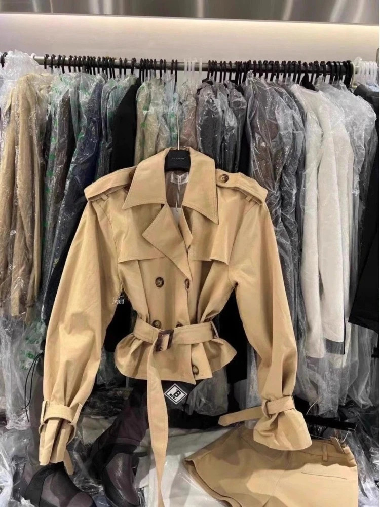 Y2k Long Sleeve Trench Coat Women Vintage High Waist Shorts Autumn Two Piece Sets Crop Tops Casual Streetwear 260306