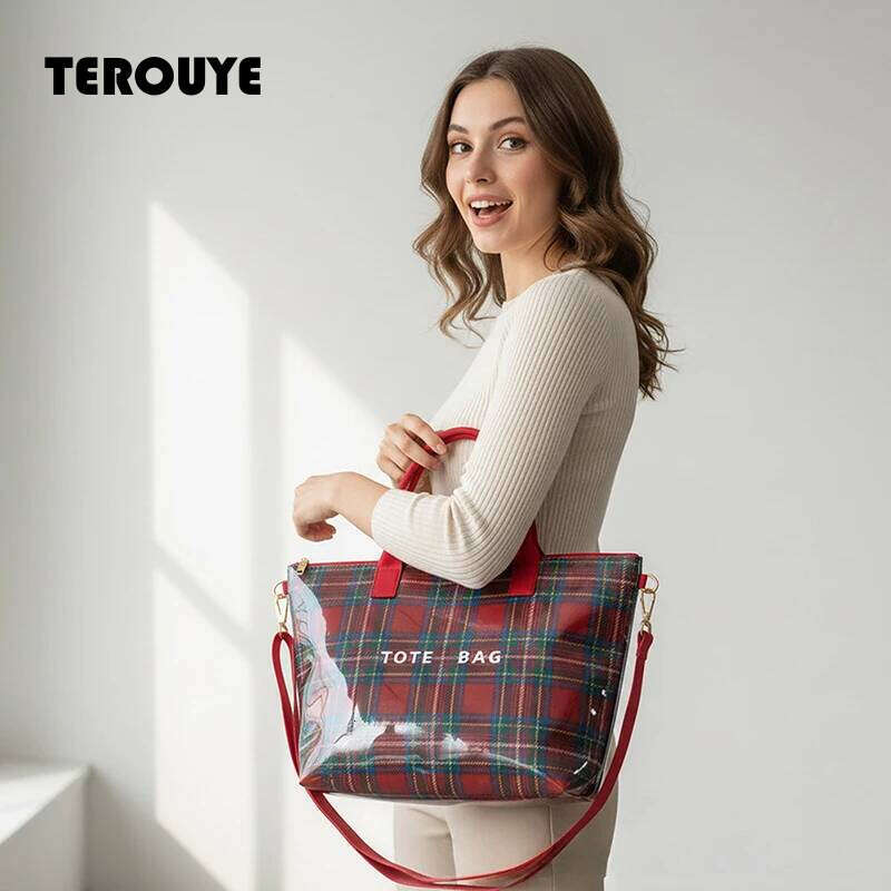 Transparent Plaid Pvc Women's Handbag Large Tote Waterproof Shopping Stylish British Style Simple Casual Commuter Bag TEROUYE