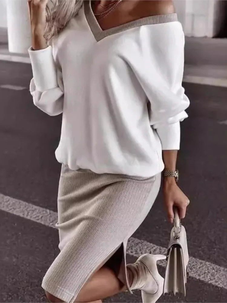 Autumn Winter Casual Loose V-neck Sweatshirt Suit Womens Tight Skirt Long-sleeved Top Two-piece Set Fashion Holiday Sets 260304
