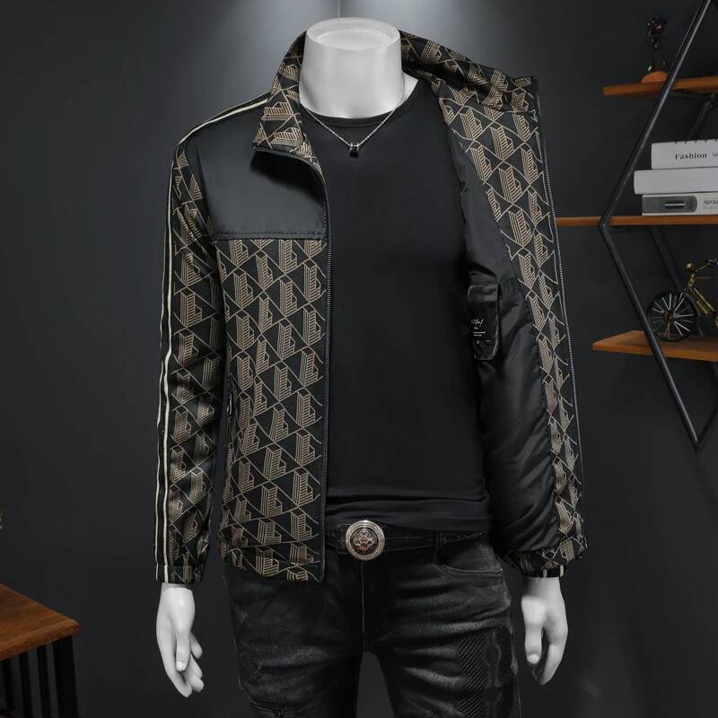 Dark-patterned Jacquard Spring Autumn Trend Casual Jacket Men's Lapel Versatile Top for Men