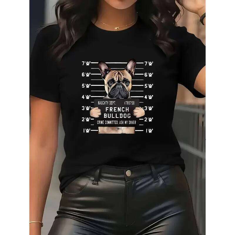 Fun and Cute Fighting Pattern Women's Short Sleeved T-shirt with Doll Dog Playful Design Easy To Wear Round Neck Casual Top XJ260306 XJ260306