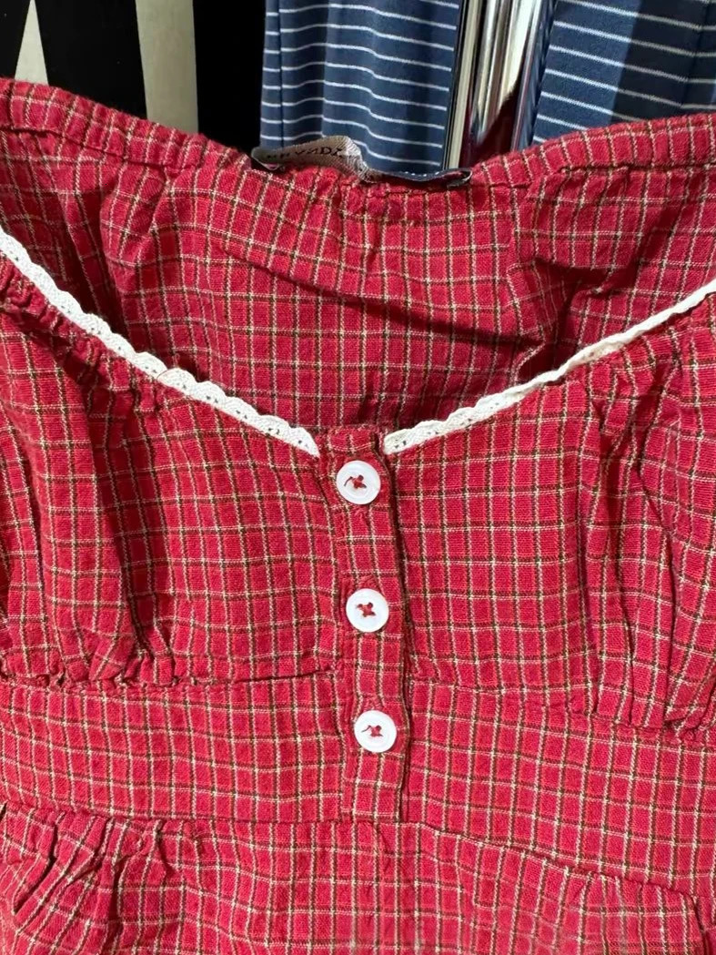 Red Plaid Slim Tank Top Woman Lace Trim Buttons V-neck Back Lace-up Cotton Camis Summer Vintage Streetwear Sweet Crop Tops 260306