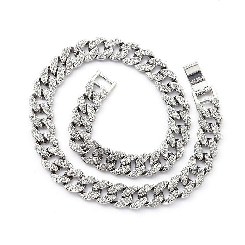Manufacturer's foreign trade cross-border high-quality 15mm flat chain hip-hop Cuban necklace and rhinestone bracelet wholesale