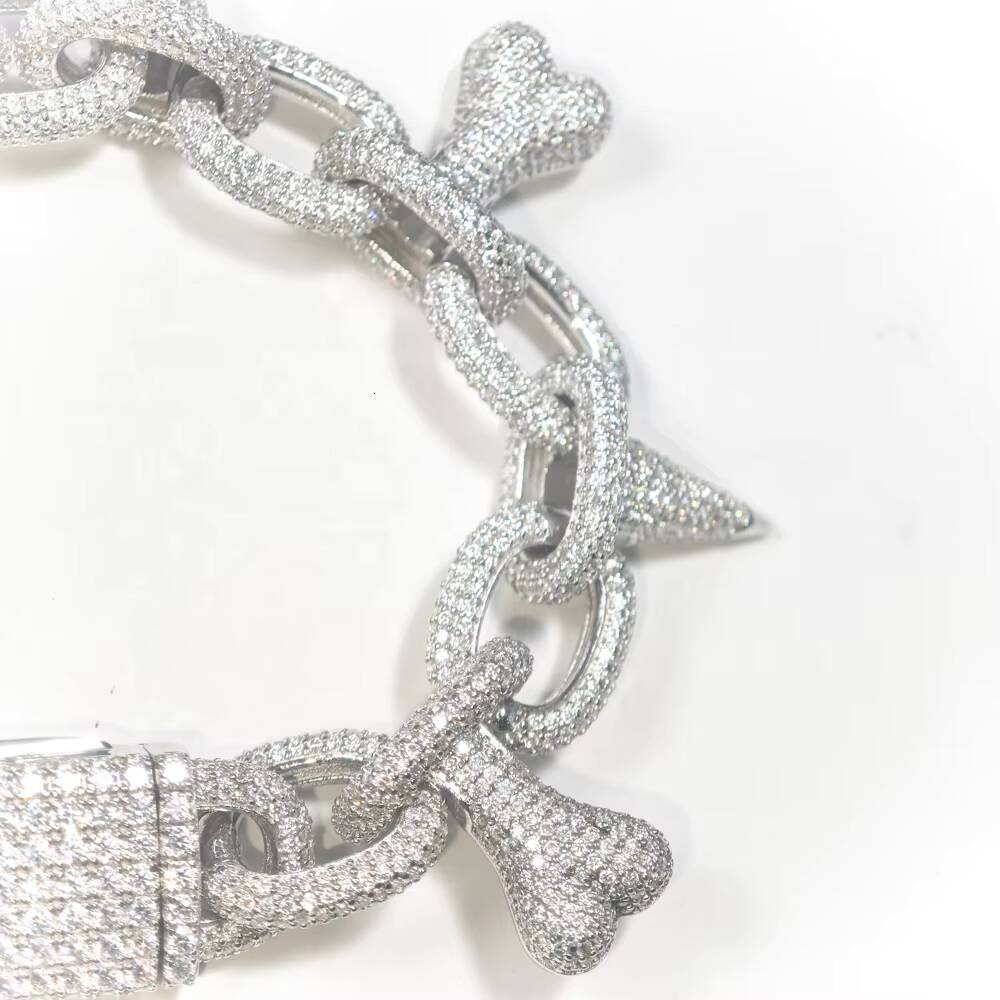 20MM Silver Heart Bone Spike Iced Out Chain Bracelet Punk Rivet Choker Bling Moissanite Mens Hip Hop Necklace Jewelry Party