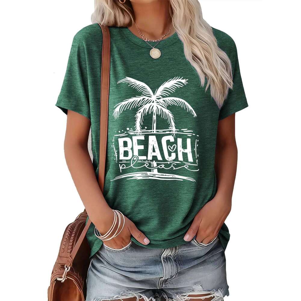 Women's Summer Tee "BEACH please" White Palm Tree Print Soft & Comfy Casual Outings/Gatherings Gift | Multi-Color XJ260306 XJ260306