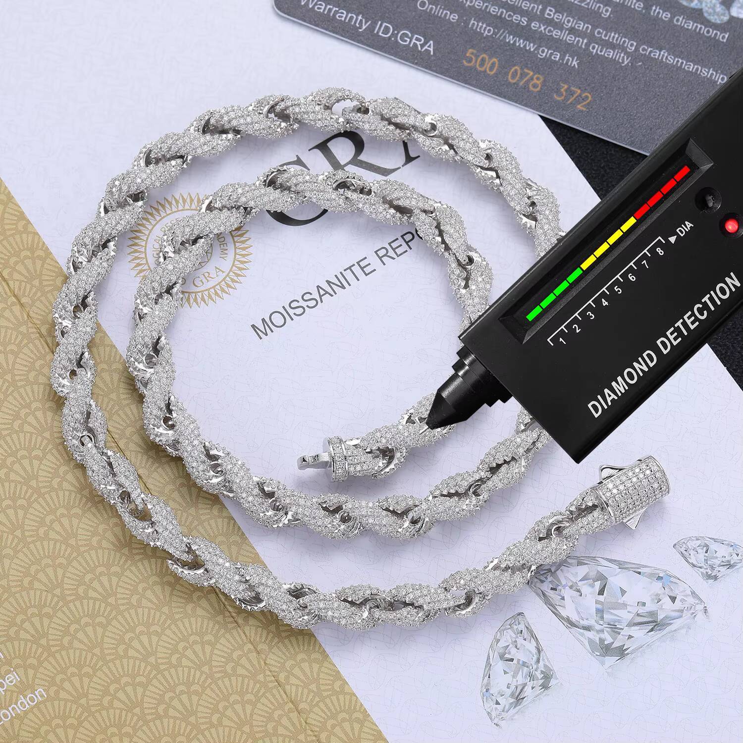 RUYI Hiphop Jewelry Chains White Gold Plating S925 Sterling Silver Iced Out Moissanite Stone Twisted Rope Chain Necklace for Men