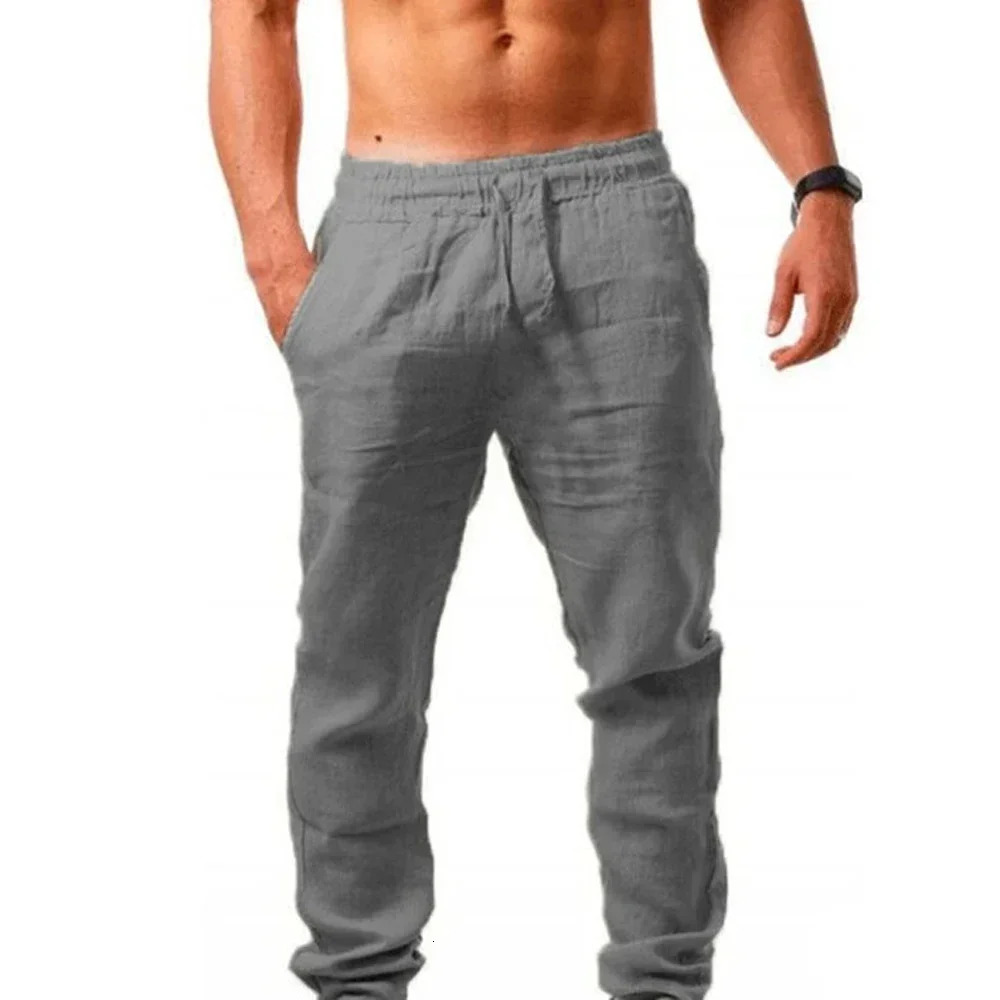 Mens Cotton Linen Pants Linen Breathable Elastic Waist Pants Breathable Casual Jogging Fitness Trousers Summer Sports Sweatpant 260304