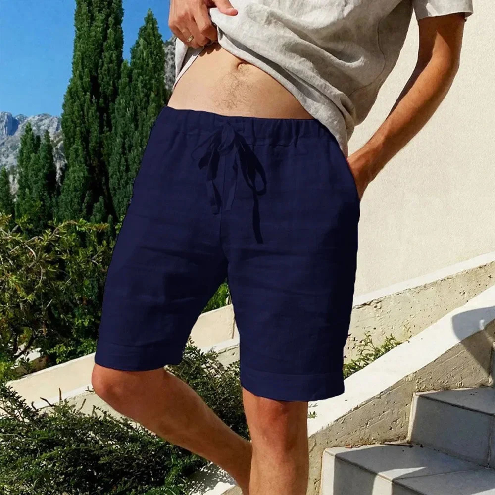 Summer Mens Cotton Linen Breathable Shorts Hawaii Beach Pants Male Solid Color Trousers Loose Versatile Streetwear 260306