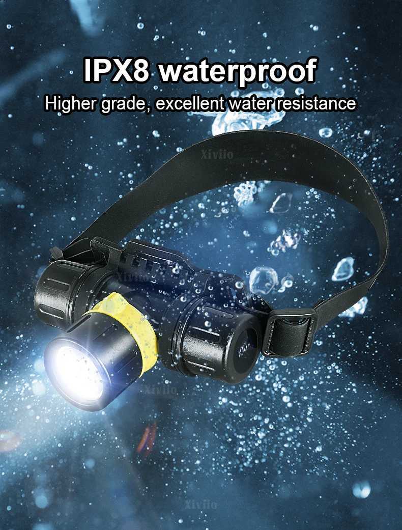 Professional LED Scuba Diving Headlamp XHP70 IPX8 Rate Waterproof Headlight Underwater Dive Head Torch Super battery life H260307