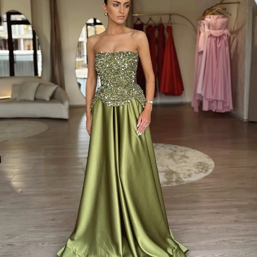 Shinny Olive Green Prom Formal Dress 2026 Strapless Beads Sequins Satin A-line Evening Pageant Party Gowns For Birthday Robe De Soriee BC592