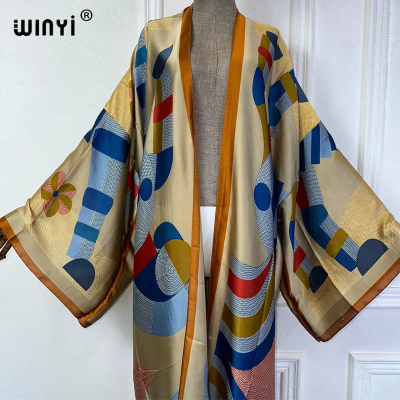 WINYI Summer bohemian Kimono beach cover up Swim Suit elegant African women boho Cardigan sexy Holiday long Sleeve dress 260228