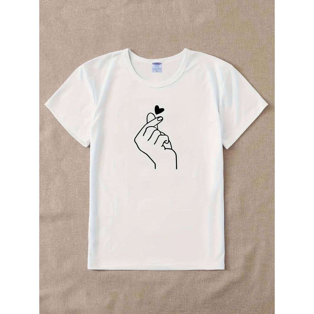 Cute Print Solid Crew Neck T-Shirt, Short Sleeve Casual Every Day Top For All Season, Women's Clothing XJ260306