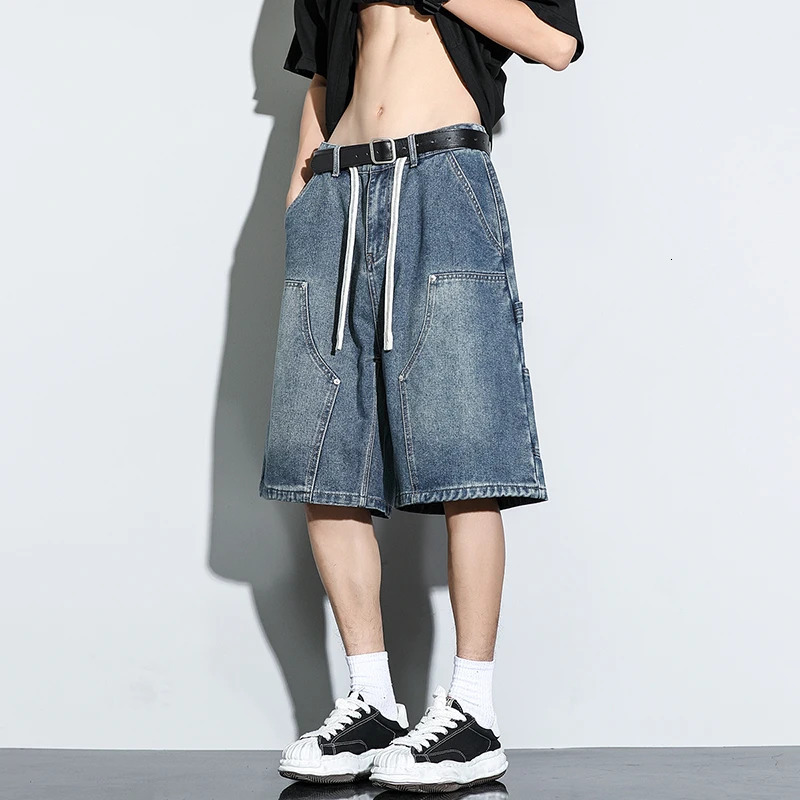 Vintage Cargo Denim Shorts Men Summer Fashion Dark Blue Dyed Distressed Fashion High Street Straight Wide Short Jeans 260304
