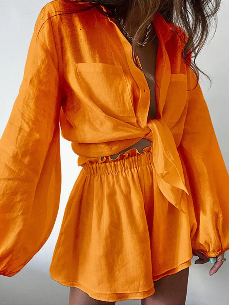 Summer Womens Casual Fashion Solid Color Sexy Lace Up Vneck Ruffle Edge Long Sleeved Shorts With Pocket Shirt Set 260306