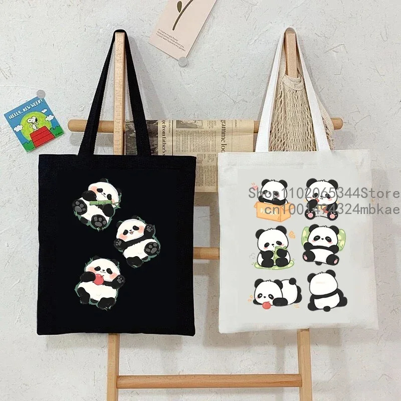 Cartoon Panda Pattern Canvas Shoulder Bag Women Portable Versatile Storage Cute Animal Shopping Bags Teen Girl Handbag 260307