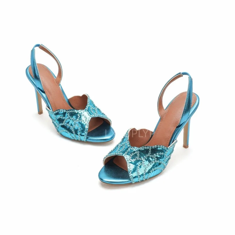 European and American Womens Sexy Sequin Fabric Back Strap Exposed Toe Party Sandals 2026 Summer Versatile Walking Slippers 260303