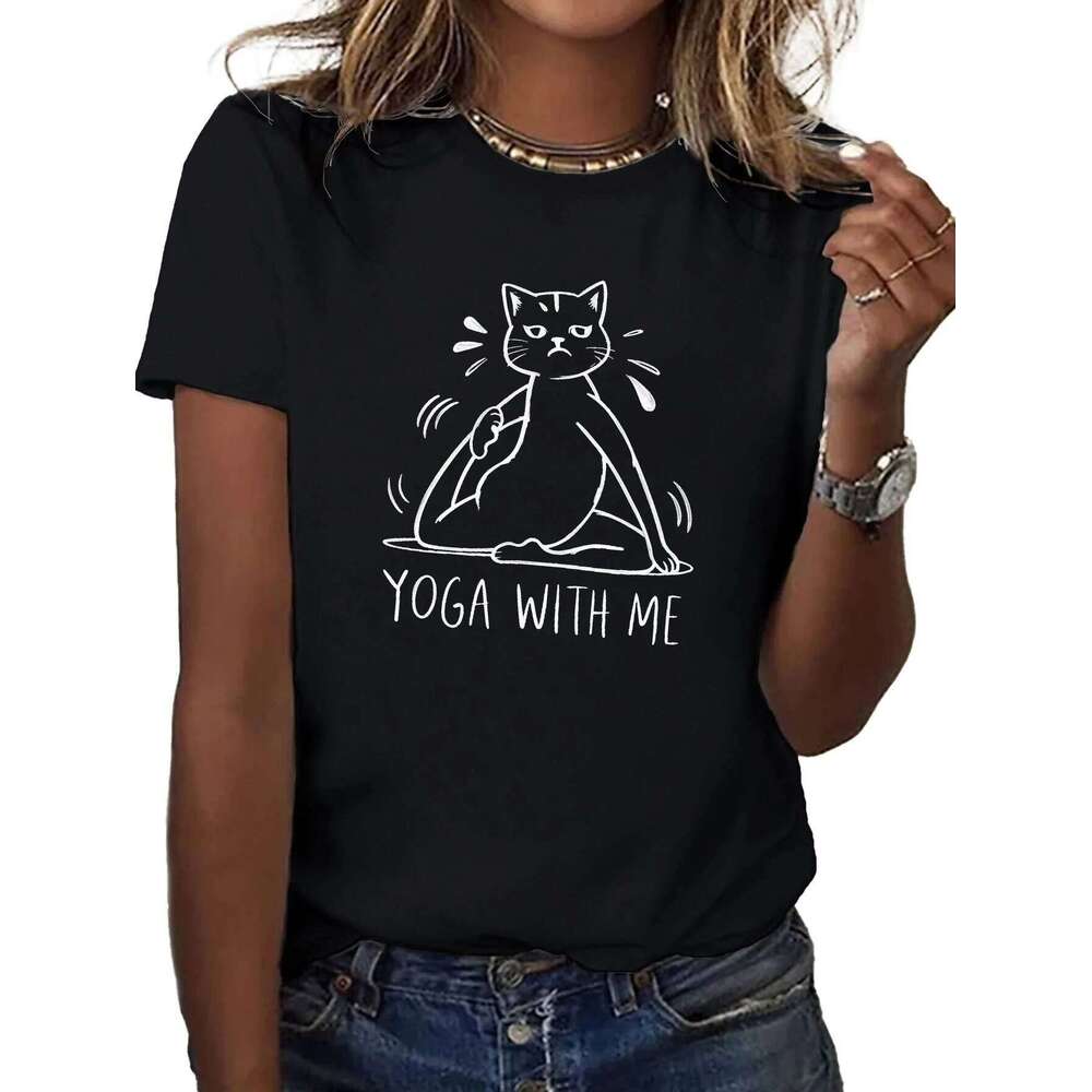 Yoga Me Cat Cute Funny Printed T-shirt with Round Neck for Summer Women's Short Sleeve Tops Fashion Clothing XJ260306 XJ260306