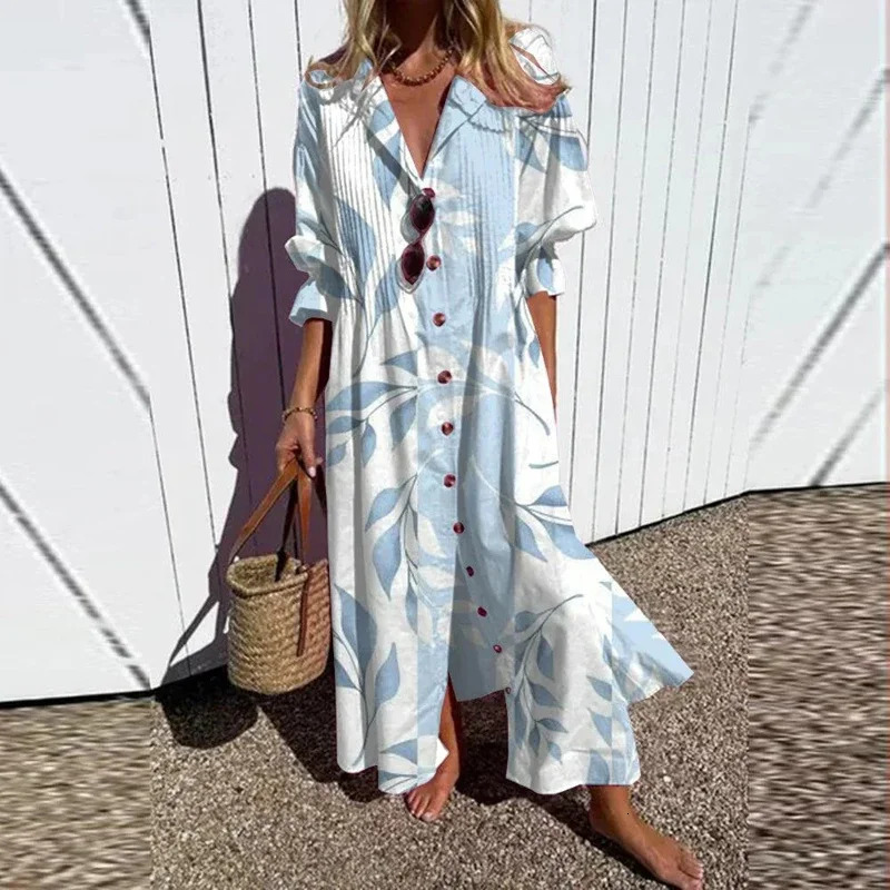 Womens Retro Geometry Circle Print Long Dress Spring Single Breasted Lapel Shirt Dress Summer Puff Short Sleeve A-Line Boho 260304