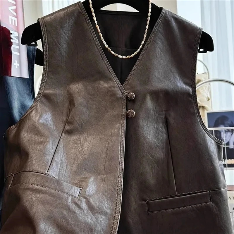 Spring Autumn Retro Style Fashion Womens Suit Vest Jacket Sleeveless Korean Version Ladies Leather WaistCoat Coat 260306