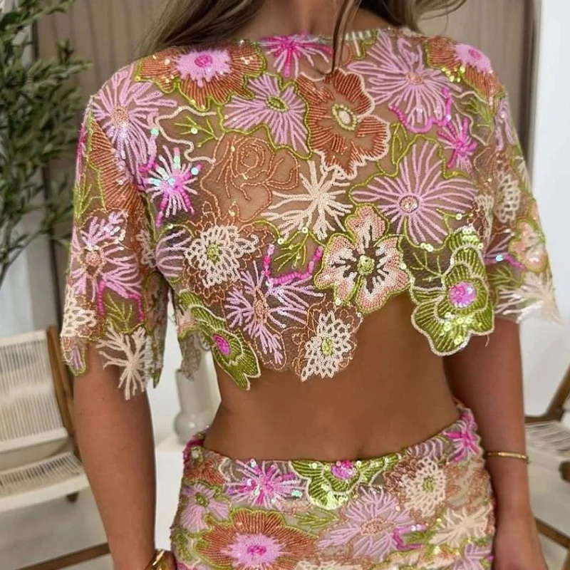 Printed Crop Top Skirts Set Women Embroidery Sequin Sexy See Through Short Sleeve Shirt Slim Fit Skirt Summer Beach Outfit 260306