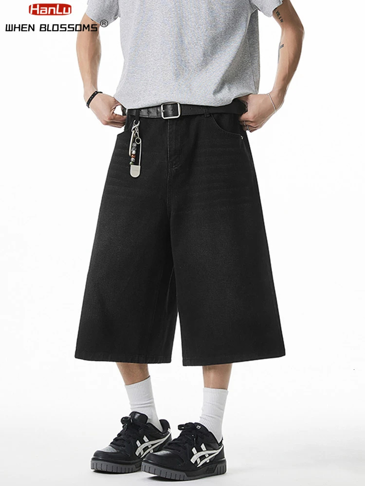 Summer Mens Wide Leg Jeans Shorts Vintage Distressed Wash Y2K Straight Elastic Waist Loose Casual Relaxed Fit 260306