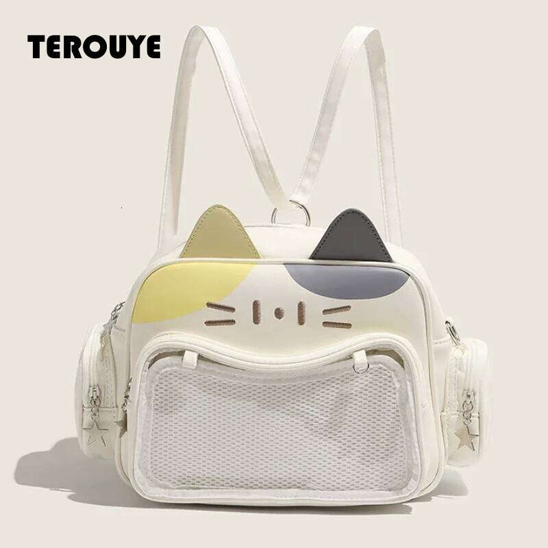 Women's Fashion Backpacks Y2k Korean Japan Kawaii Cat Ita Bag PU Cute Girls Transparent Pocket Aesthetic Shoulder Crossbody Bags TEROUYE