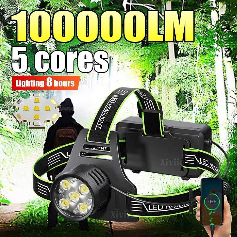 100000LM New High Power LED Headlight 5LED Wick Rechargeable Headlamp With Digital Display Portable Head Flashlight USB Lantern H260307