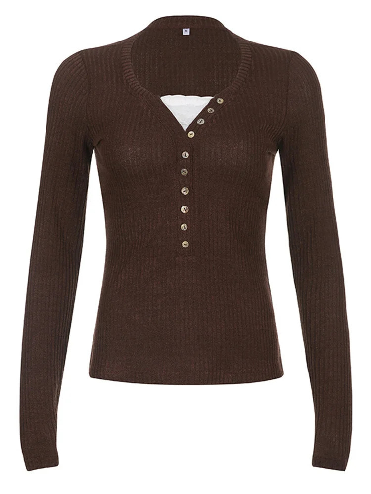Women Button Front Knit Tops Long Sleeve Lace Patchwork Slim Fit Sweater Fall Fairy Grunge Gothic Y2K Clothes 260306