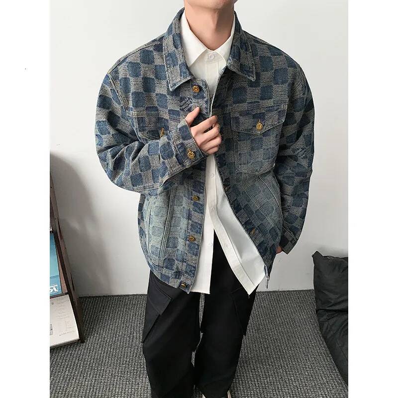 Vintage Loose Men's plaid Print Denim Jacket Spring Autumn Casual Versatile Hipster Long Sleeve Outerwear Coat
