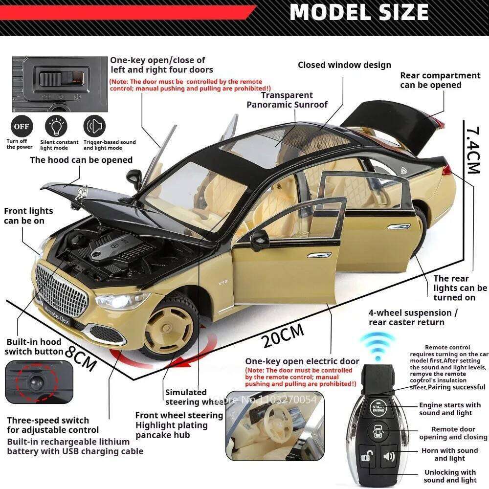 1:24 S680 VS680 Miniature Models Toys Alloy Diecast Front Wheel Steering Automatic Door Sound Light Vehices Collection Ornaments Z260306