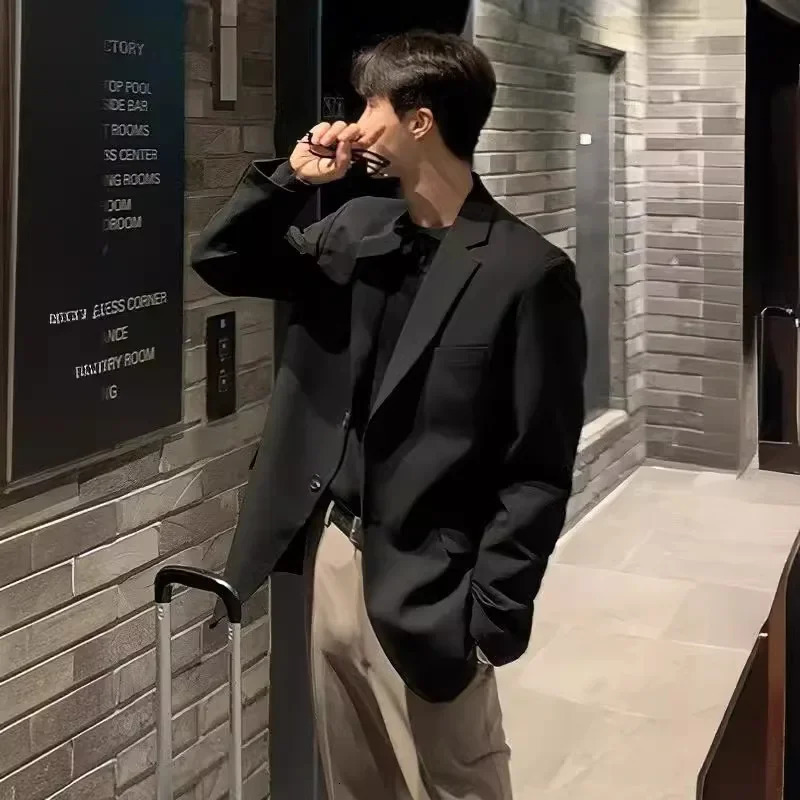 Korean Mens Casual Blazer Western-style Loose-fit Black Single-breasted Jacket Autumn Trendy Dongdaemun Style Clothes 260306