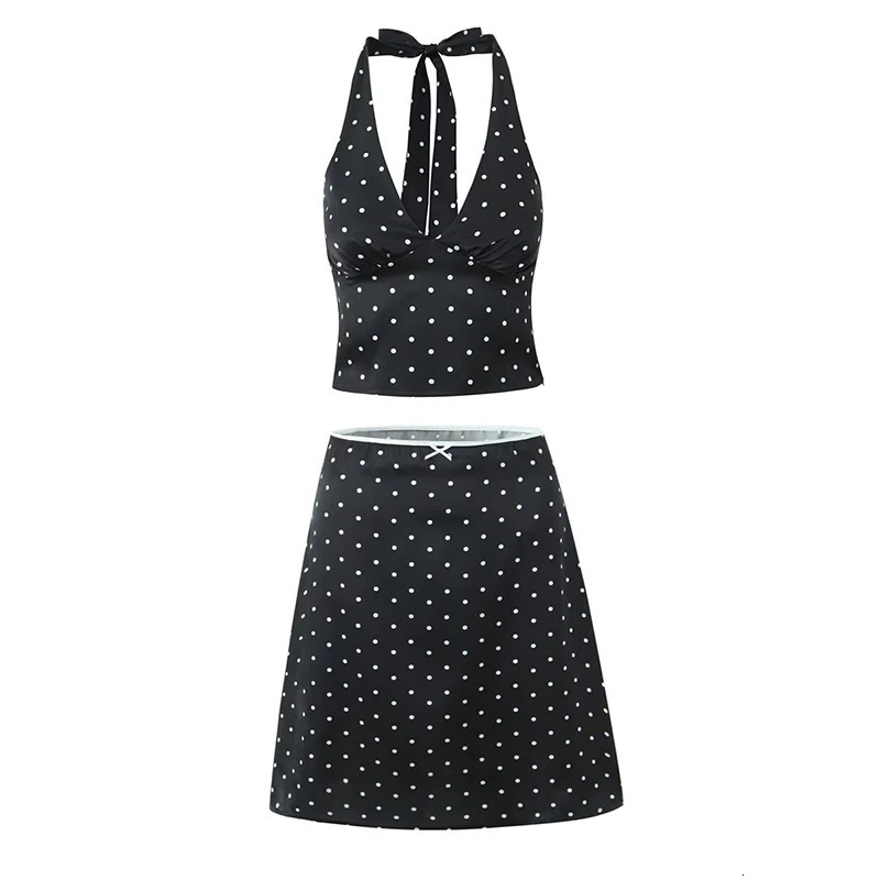 YENKYE Women Vintage Black White Polka Dot A-line Knee Length Skirt Sexy Low Waist Holiday Summer Skirts 260306