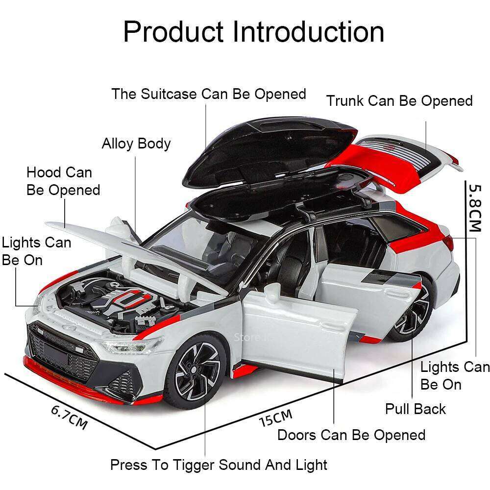 1:32 RS6 R8 V10 Plus Miniature Car Alloy Diecast Model Toy 6 Doors Opened Sound Light Pull Back Vehice Models Kid Christmas Gift Z260306